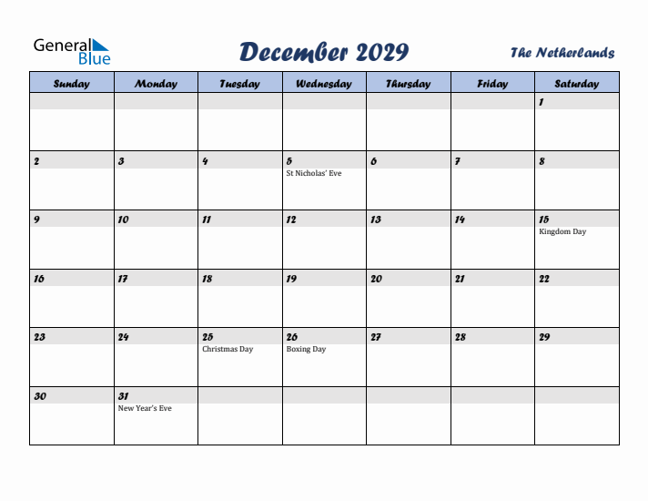 December 2029 Calendar with Holidays in The Netherlands