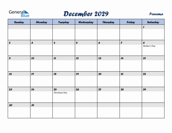 December 2029 Calendar with Holidays in Panama