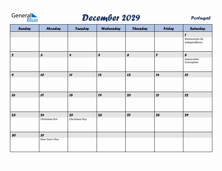 December 2029 Calendar with Holidays in Portugal