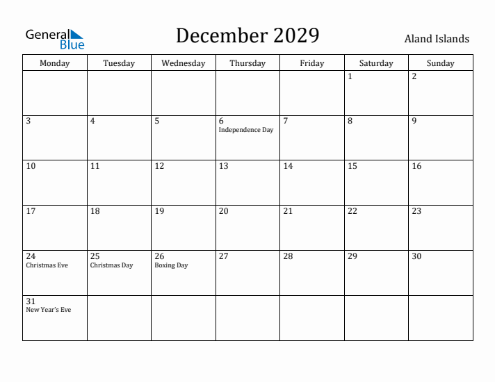 December 2029 Calendar Aland Islands