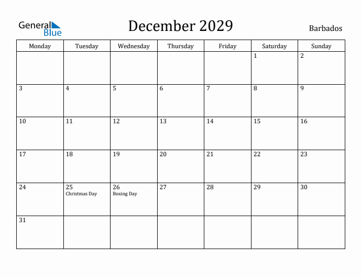 December 2029 Calendar Barbados