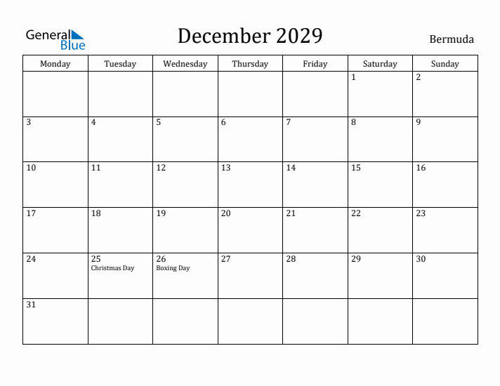 December 2029 Calendar Bermuda