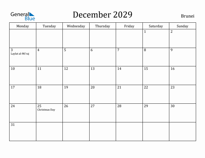 December 2029 Calendar Brunei