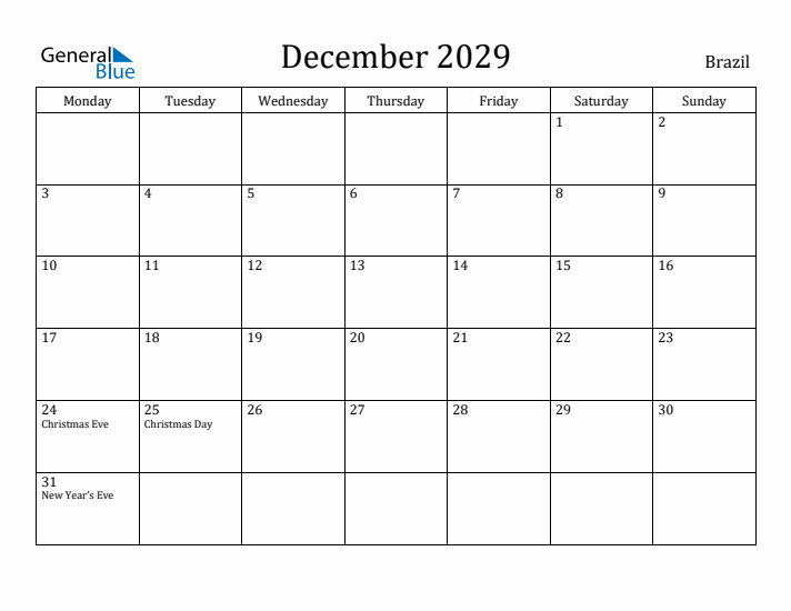 December 2029 Calendar Brazil