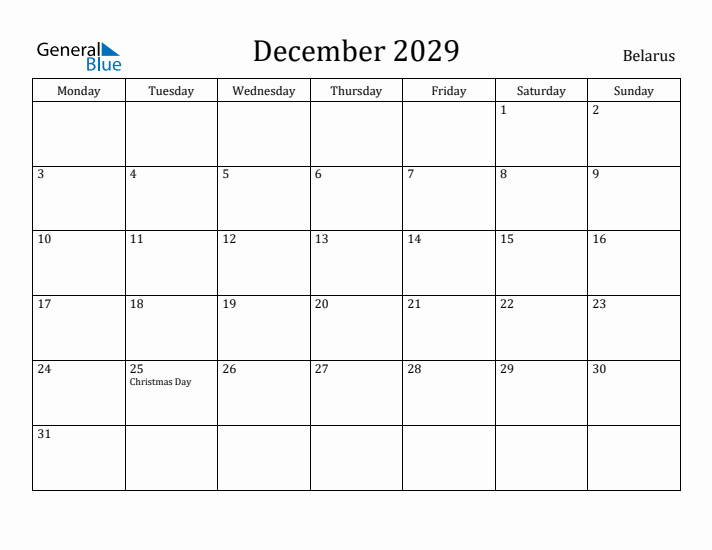 December 2029 Calendar Belarus