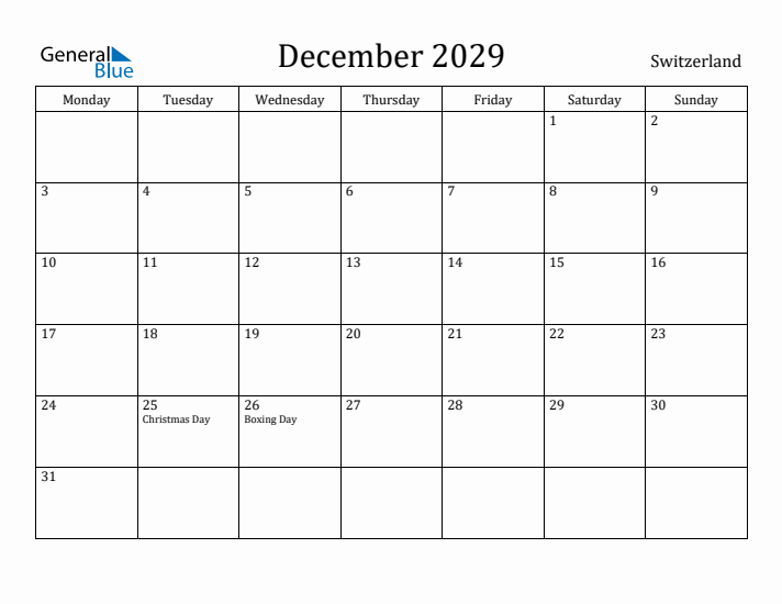 December 2029 Calendar Switzerland