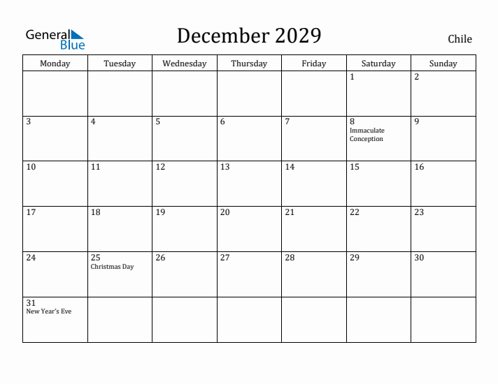 December 2029 Calendar Chile