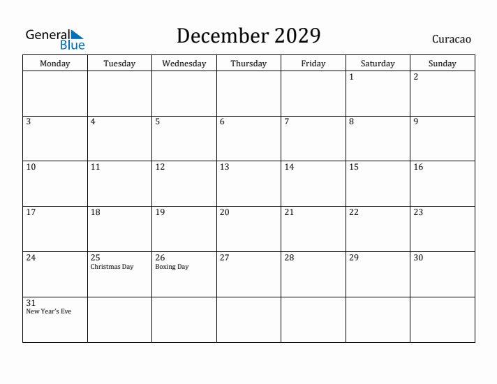 December 2029 Calendar Curacao