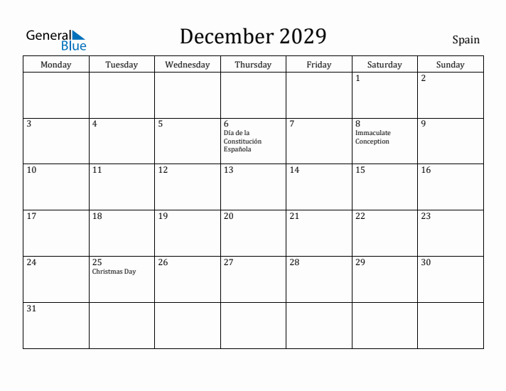 December 2029 Calendar Spain