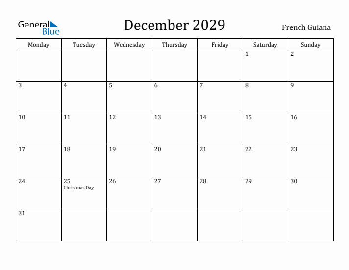 December 2029 Calendar French Guiana