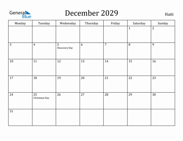 December 2029 Calendar Haiti