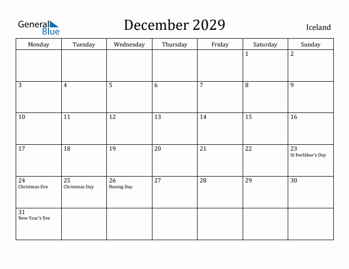 December 2029 Calendar Iceland