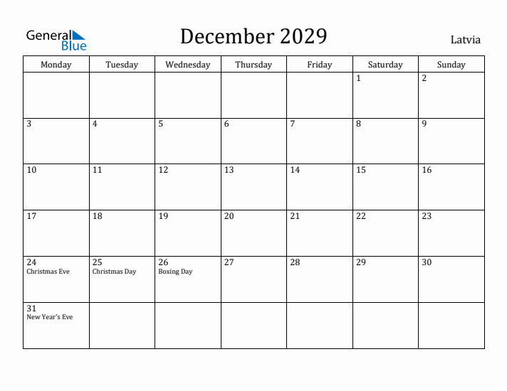 December 2029 Calendar Latvia