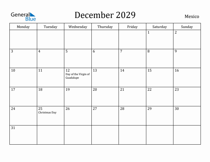 December 2029 Calendar Mexico