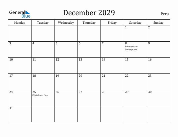 December 2029 Calendar Peru