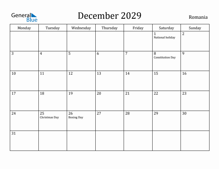 December 2029 Calendar Romania