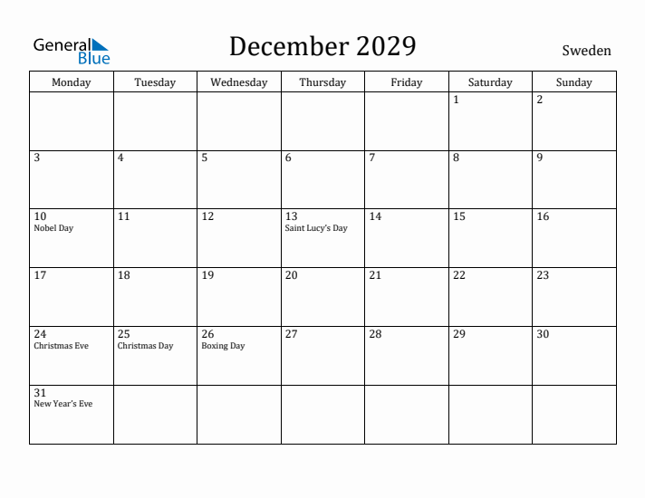 December 2029 Calendar Sweden