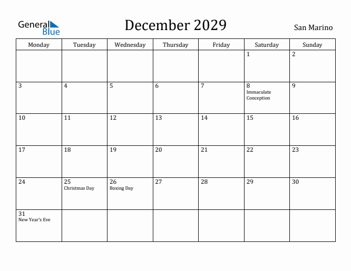 December 2029 Calendar San Marino