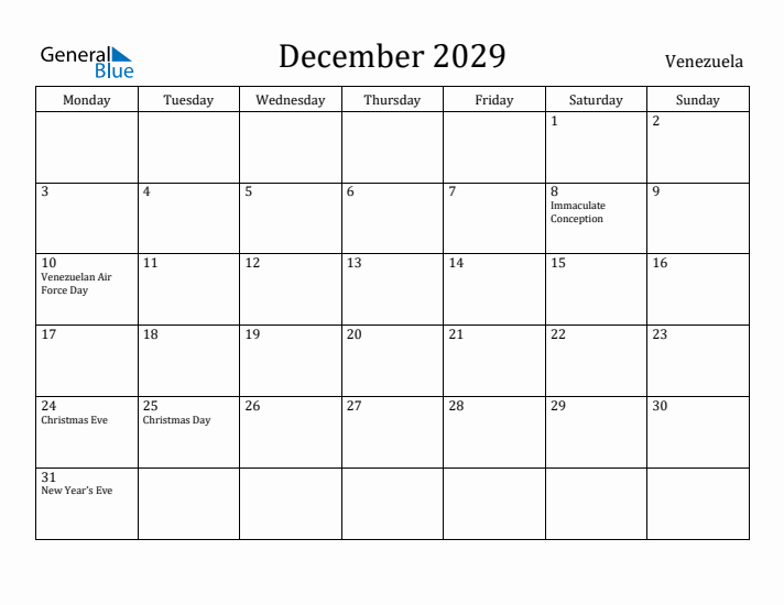 December 2029 Calendar Venezuela