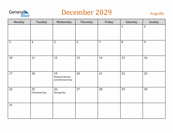 December 2029 Holiday Calendar with Monday Start