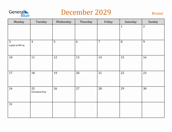 December 2029 Holiday Calendar with Monday Start