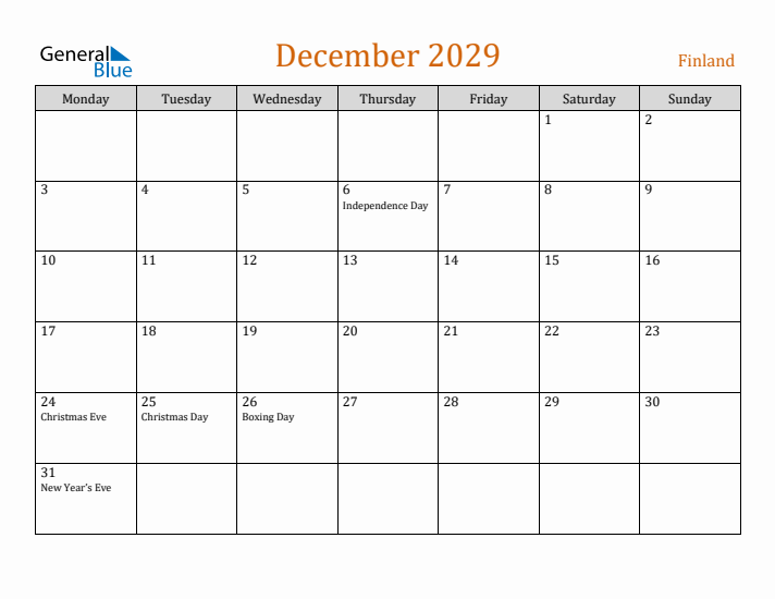 December 2029 Holiday Calendar with Monday Start