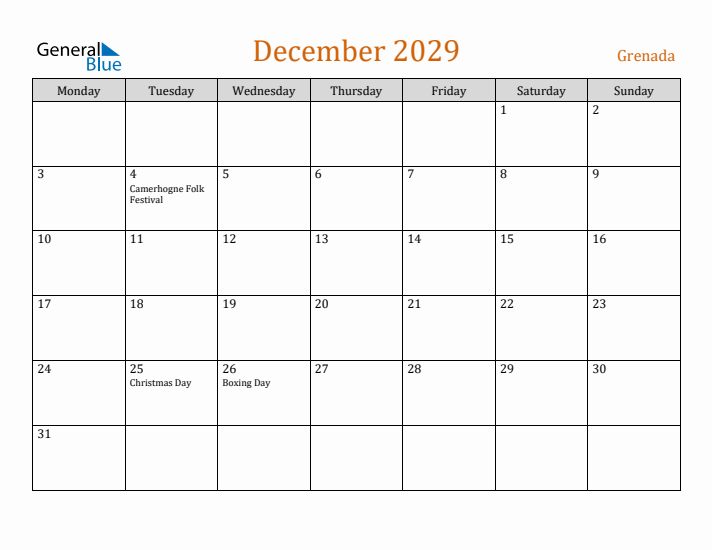 December 2029 Holiday Calendar with Monday Start