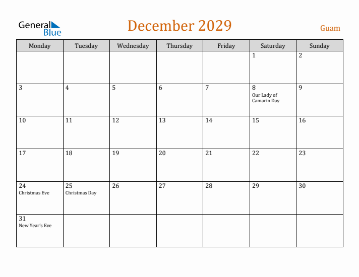 December 2029 Holiday Calendar with Monday Start