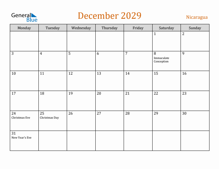 December 2029 Holiday Calendar with Monday Start