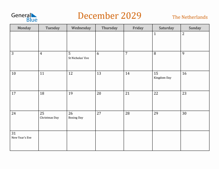 December 2029 Holiday Calendar with Monday Start