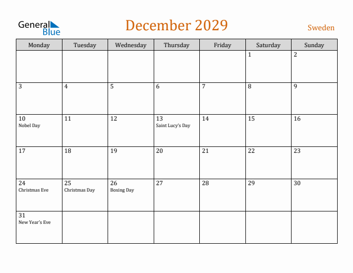 December 2029 Holiday Calendar with Monday Start