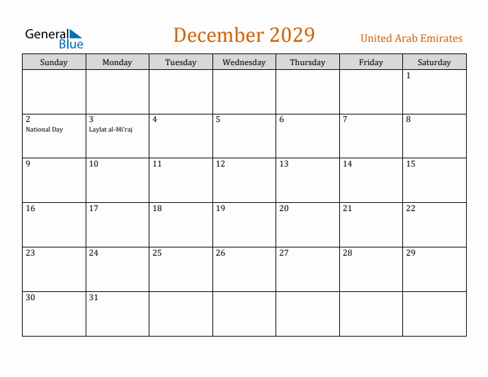 December 2029 Holiday Calendar with Sunday Start