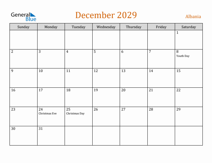 December 2029 Holiday Calendar with Sunday Start