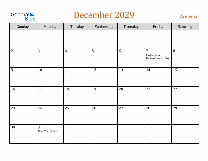 December 2029 Holiday Calendar with Sunday Start