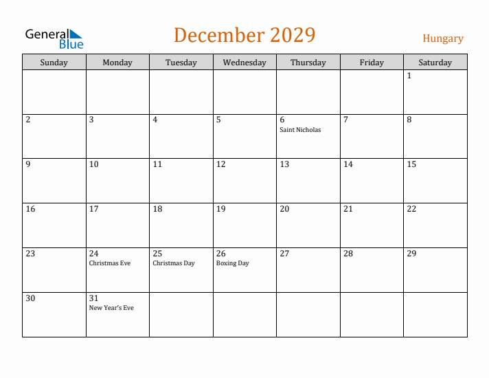 December 2029 Holiday Calendar with Sunday Start