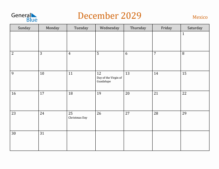 December 2029 Holiday Calendar with Sunday Start