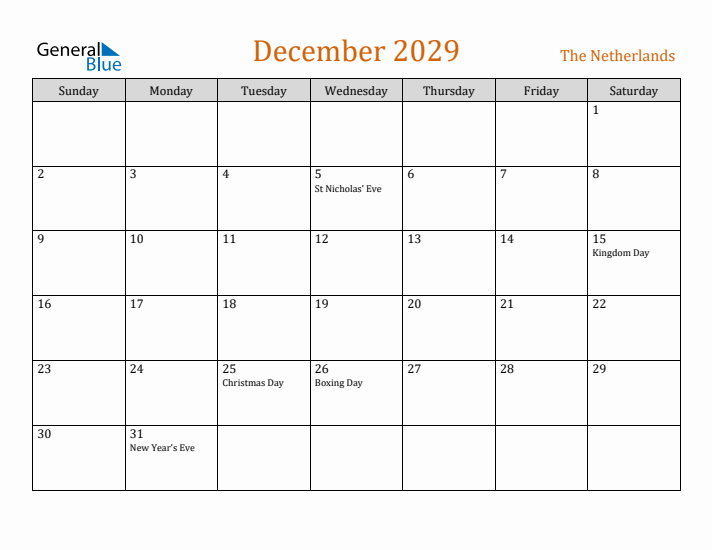 December 2029 Holiday Calendar with Sunday Start