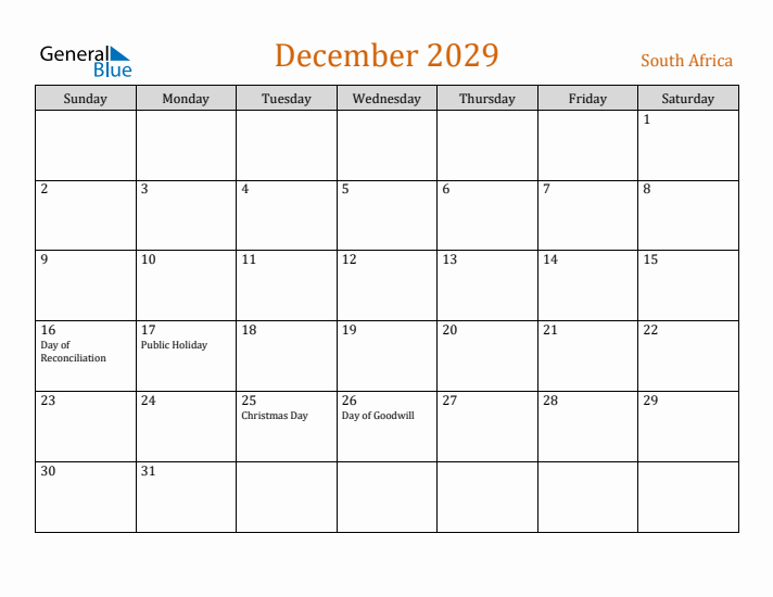 December 2029 Holiday Calendar with Sunday Start