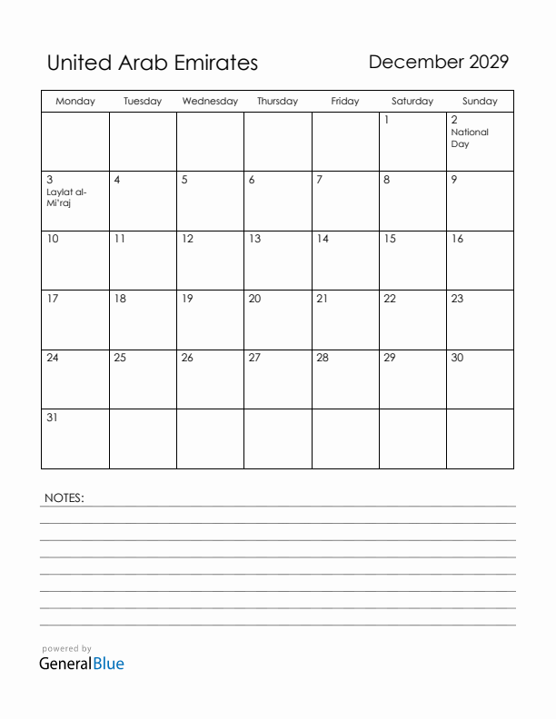 December 2029 United Arab Emirates Calendar with Holidays (Monday Start)