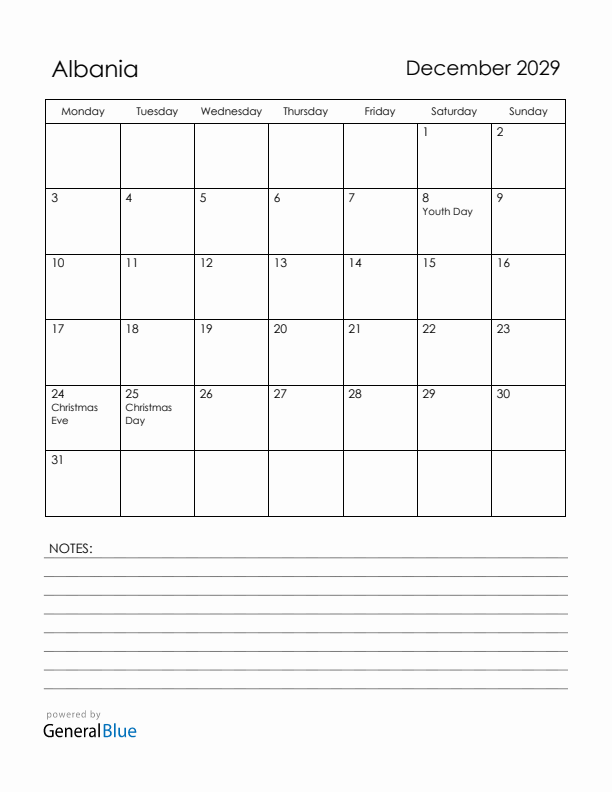 December 2029 Albania Calendar with Holidays (Monday Start)