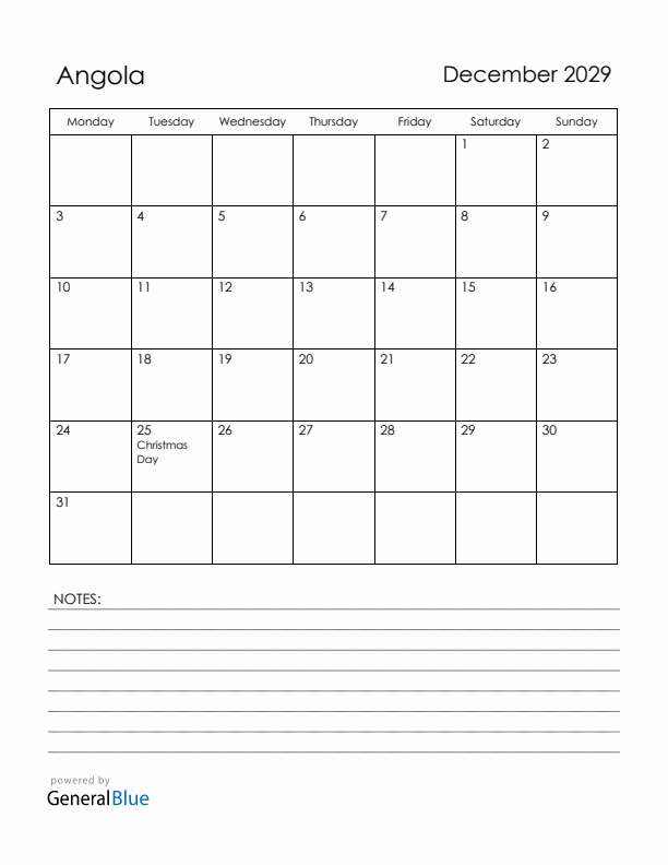 December 2029 Angola Calendar with Holidays (Monday Start)