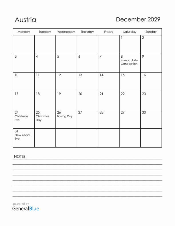 December 2029 Austria Calendar with Holidays (Monday Start)