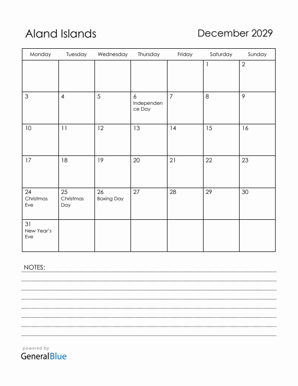 December 2029 Aland Islands Calendar with Holidays (Monday Start)