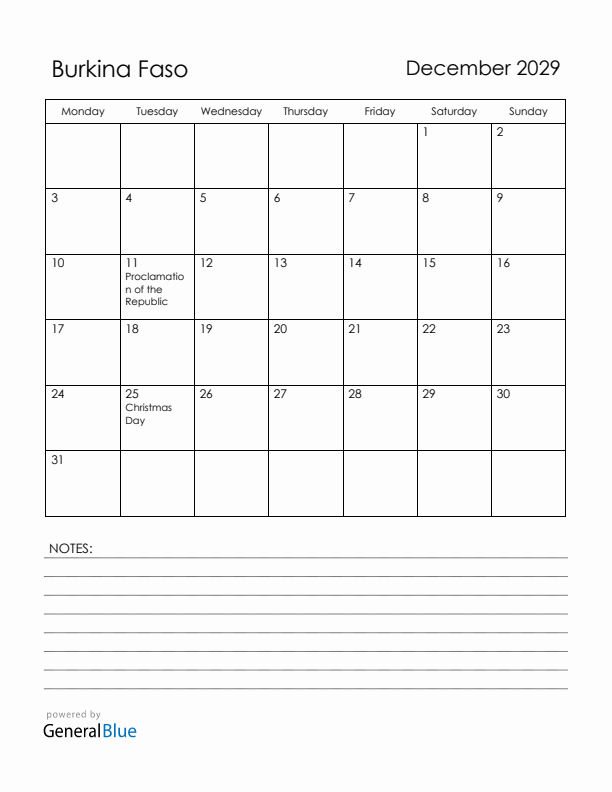 December 2029 Burkina Faso Calendar with Holidays (Monday Start)