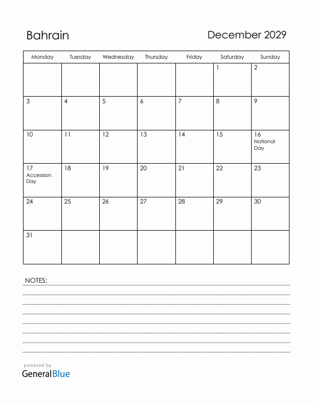 December 2029 Bahrain Calendar with Holidays (Monday Start)
