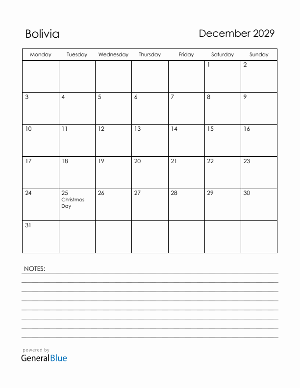 December 2029 Bolivia Calendar with Holidays (Monday Start)