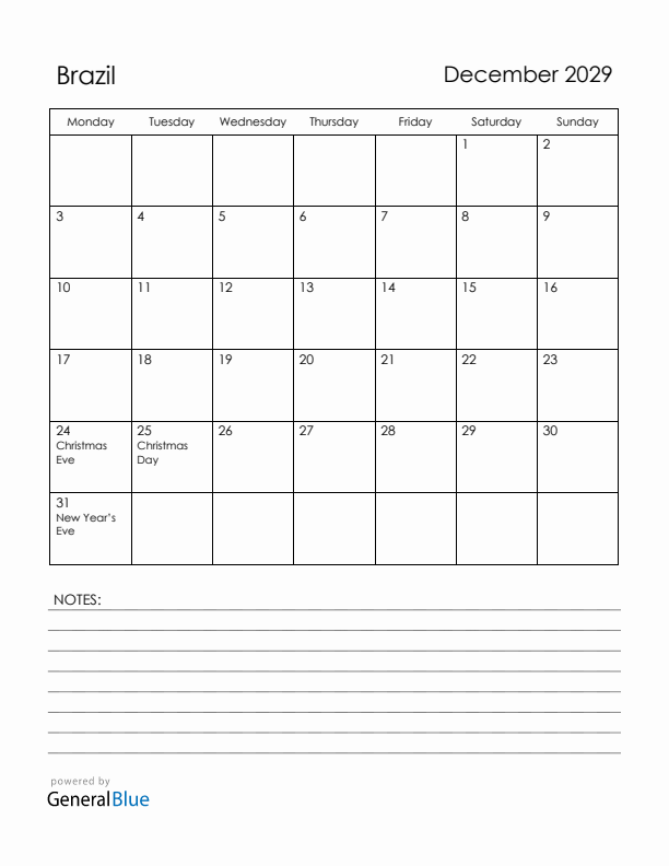 December 2029 Brazil Calendar with Holidays (Monday Start)