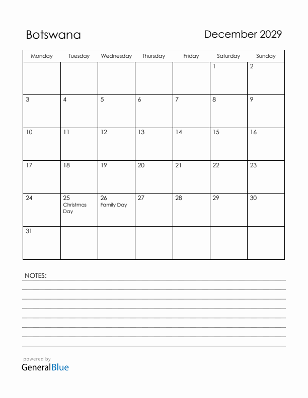 December 2029 Botswana Calendar with Holidays (Monday Start)