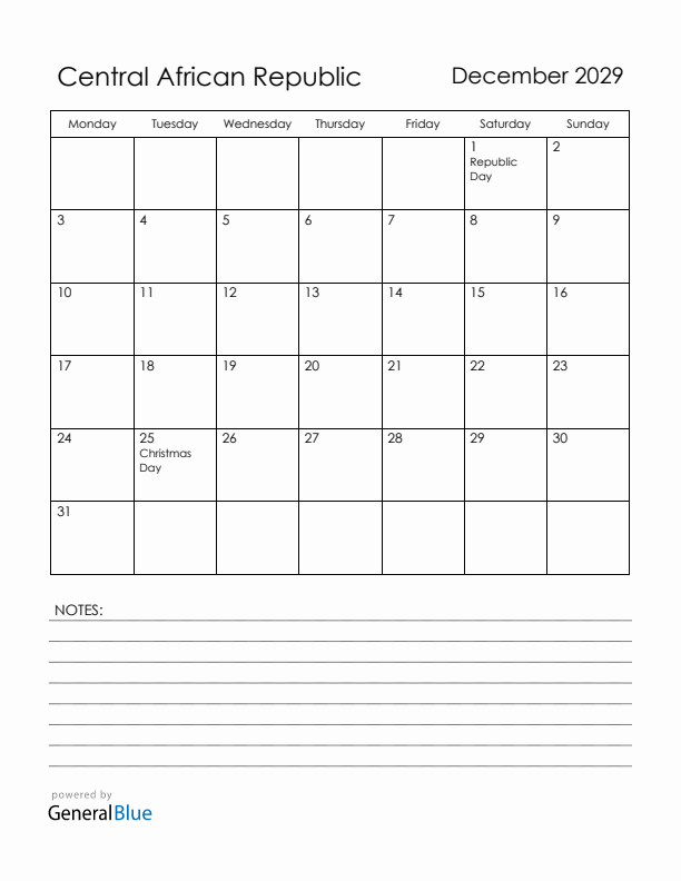 December 2029 Central African Republic Calendar with Holidays (Monday Start)