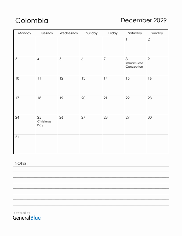 December 2029 Colombia Calendar with Holidays (Monday Start)